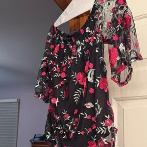 Potter's Pot Black and Pink Floral Blouse.  Sheer sleeves